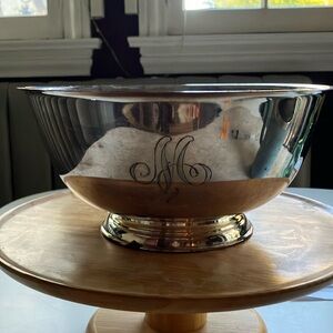 Vintage heavy silver plate footed bowl. M monogram.